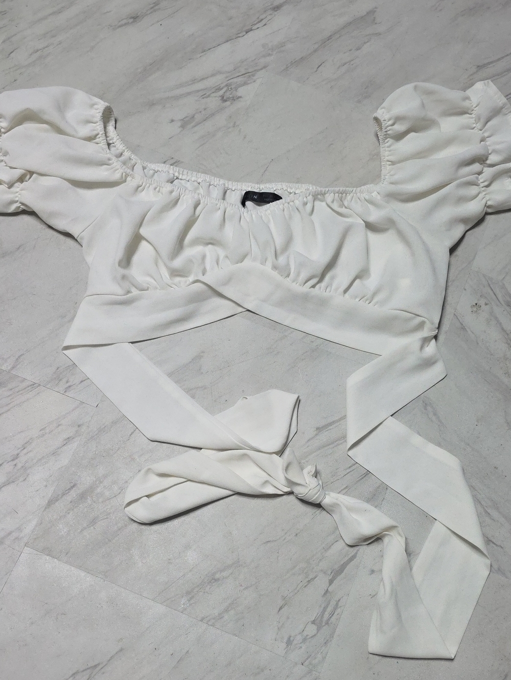 SHEIN White Wrap Crop Top with Puff Sleeves